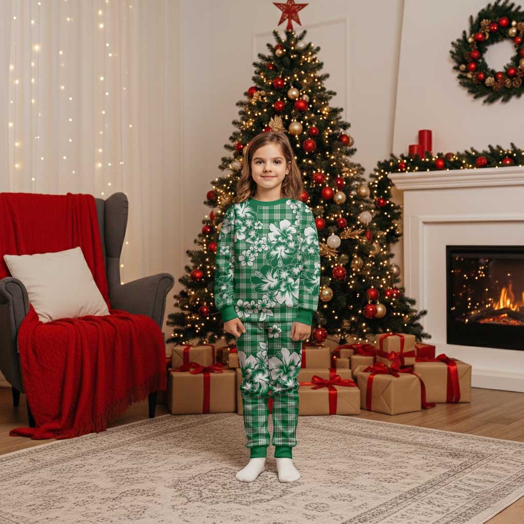 Hibiscus Pakala Emerald Green Christmas Pajama Set Tropical Floral Stylized LT01 Kid Green - Polynesian Pride