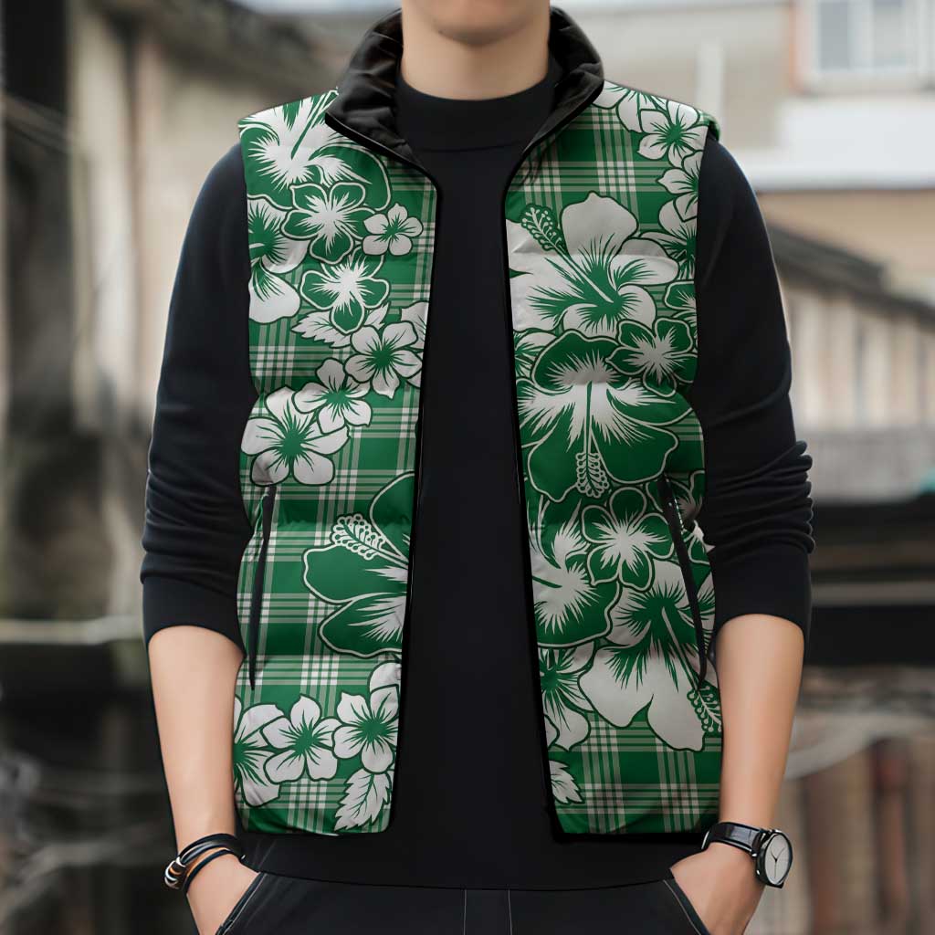 Hibiscus Pakala Emerald Green Sleeveless Puffer Jacket Tropical Floral Stylized - Polynesian Pride