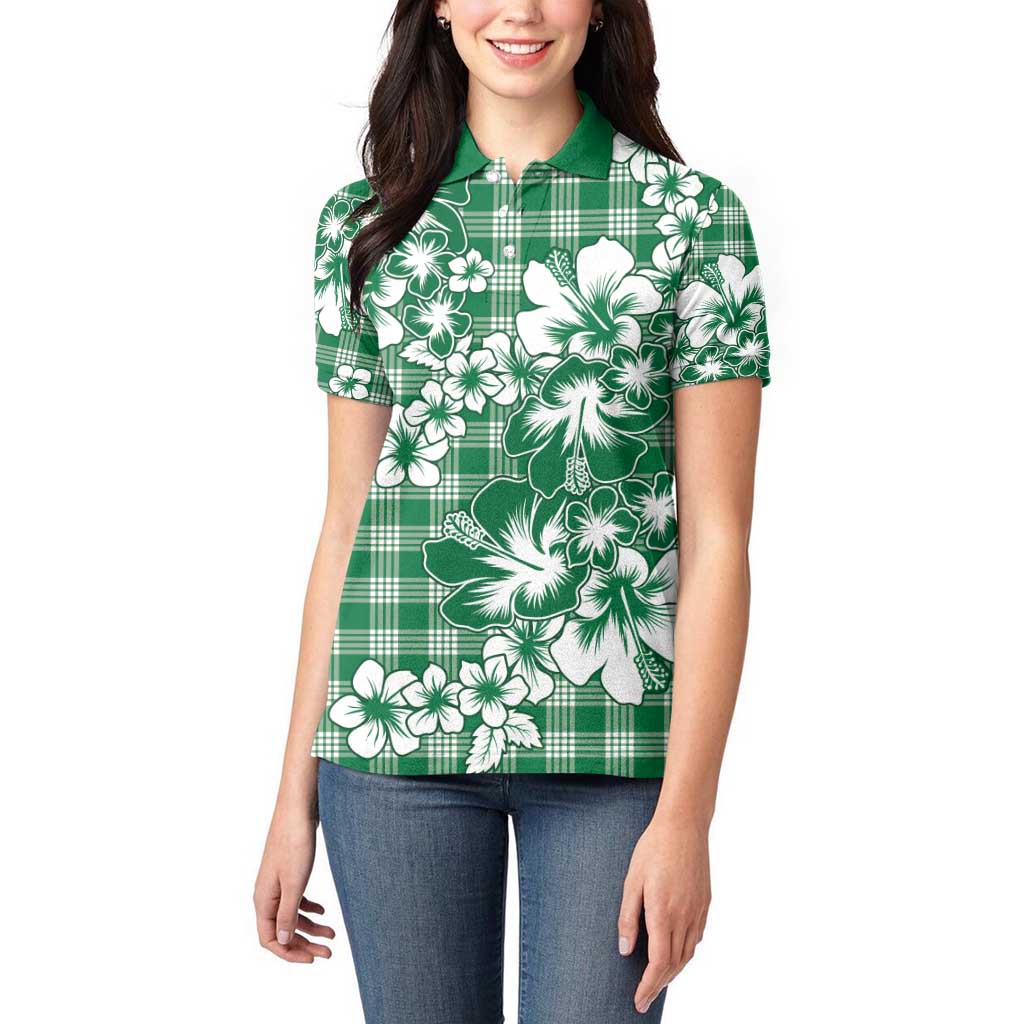 Hibiscus Pakala Emerald Green Women Polo Shirt Tropical Floral Stylized - Polynesian Pride