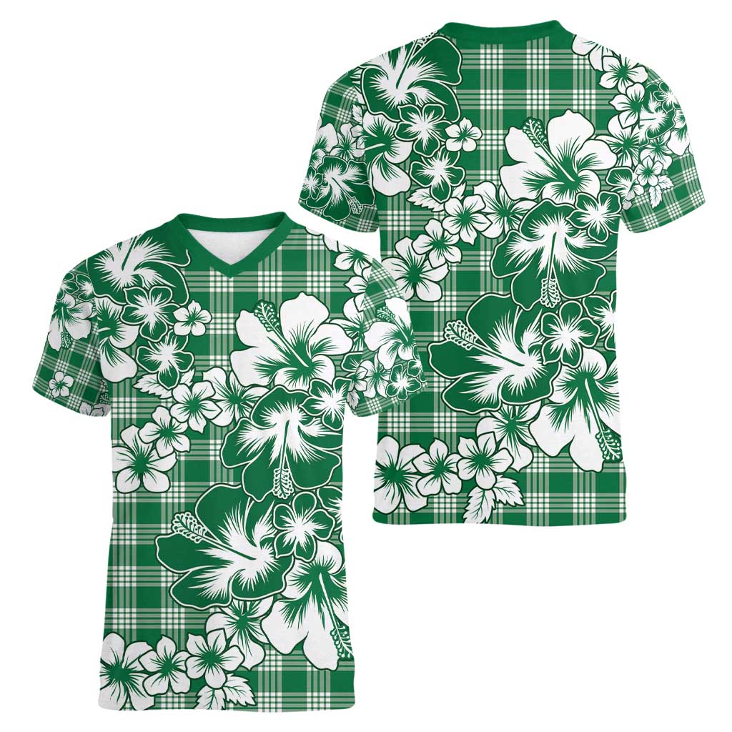 Hibiscus Pakala Emerald Green Women V-Neck T-Shirt Tropical Floral Stylized - Polynesian Pride