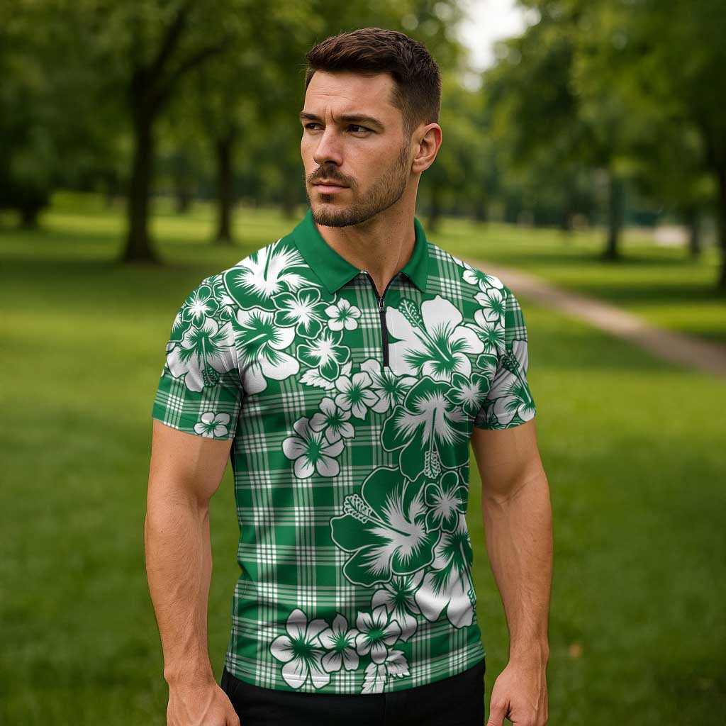 Hibiscus Pakala Emerald Green Zipper Polo Shirt Tropical Floral Stylized - Polynesian Pride