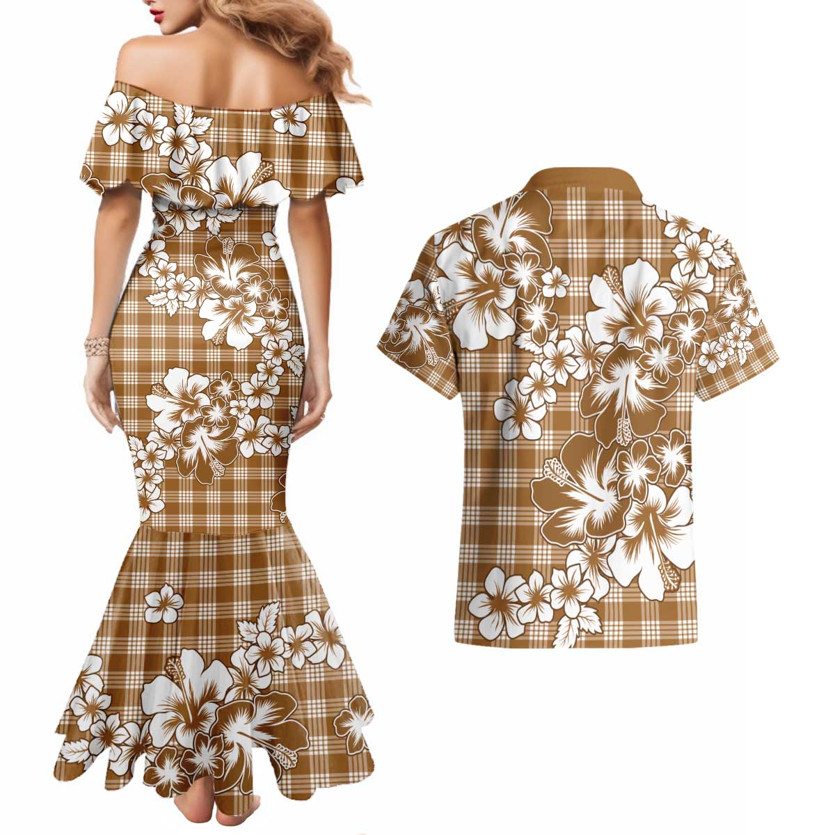 Hibiscus Pakala Bronze Brown Couples Matching Mermaid Dress and Hawaiian Shirt Tropical Floral Stylized - Polynesian Pride