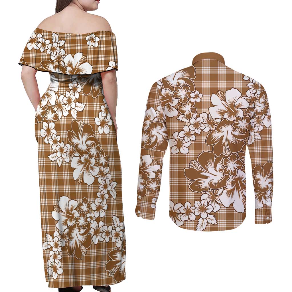 Hibiscus Pakala Bronze Brown Couples Matching Off Shoulder Maxi Dress and Long Sleeve Button Shirt Tropical Floral Stylized - Polynesian Pride