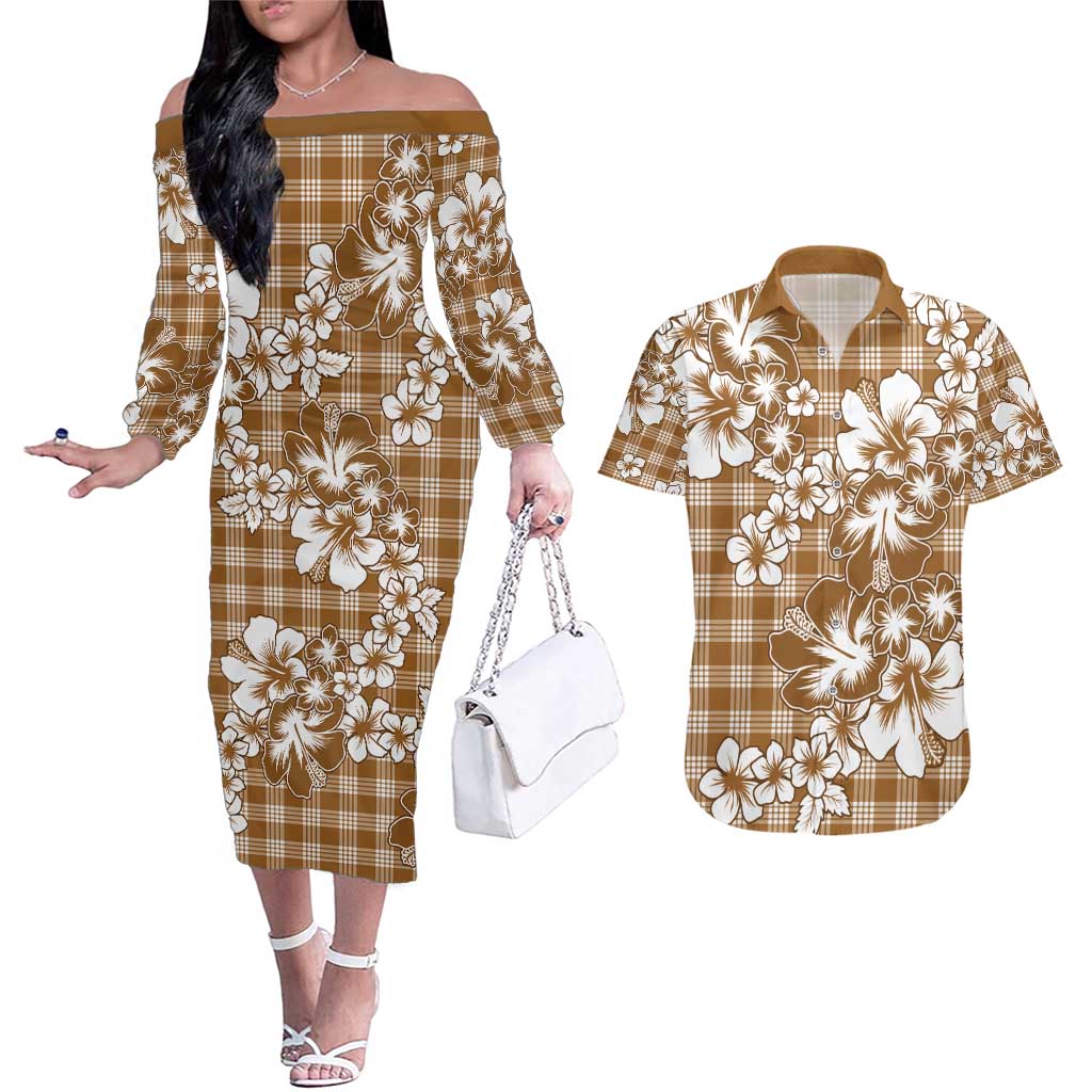 Hibiscus Pakala Bronze Brown Couples Matching Off The Shoulder Long Sleeve Dress and Hawaiian Shirt Tropical Floral Stylized - Polynesian Pride