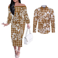 Hibiscus Pakala Bronze Brown Couples Matching Off The Shoulder Long Sleeve Dress and Long Sleeve Button Shirt Tropical Floral Stylized - Polynesian Pride