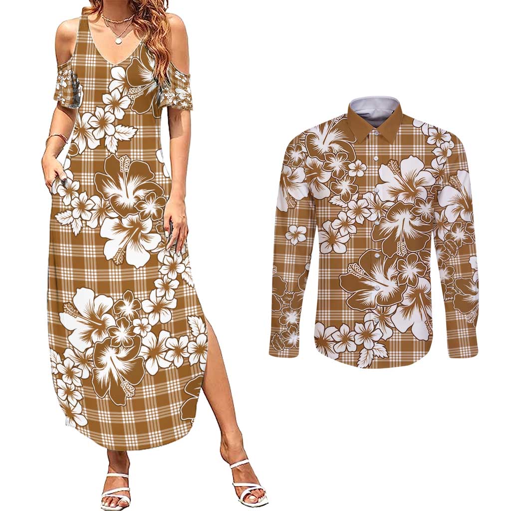 Hibiscus Pakala Bronze Brown Couples Matching Summer Maxi Dress and Long Sleeve Button Shirt Tropical Floral Stylized - Polynesian Pride