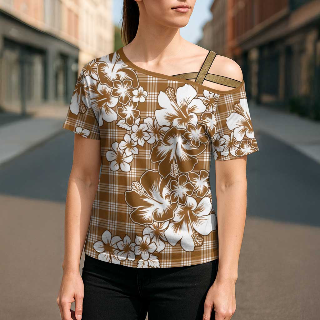 Hibiscus Pakala Bronze Brown Cross Shoulder Shirt Tropical Floral Stylized - Polynesian Pride