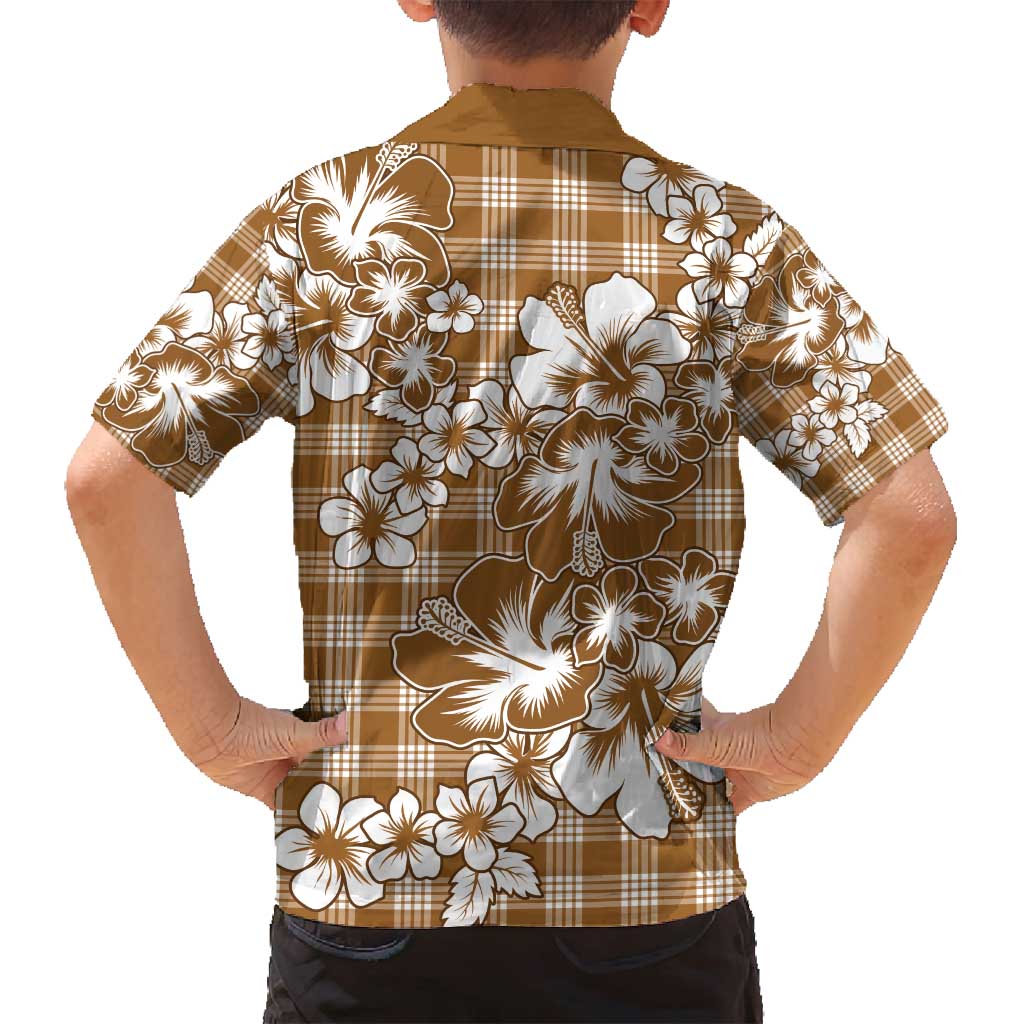 Hibiscus Pakala Bronze Brown Family Matching Off Shoulder Short Dress and Hawaiian Shirt Tropical Floral Stylized - Polynesian Pride