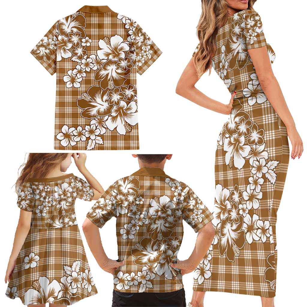 Hibiscus Pakala Bronze Brown Family Matching Short Sleeve Bodycon Dress and Hawaiian Shirt Tropical Floral Stylized - Polynesian Pride