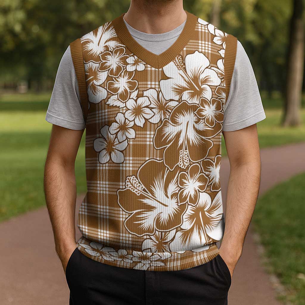 Hibiscus Pakala Bronze Brown Christmas Knitted V-Neck Vest Tropical Floral Stylized LT01 - Polynesian Pride
