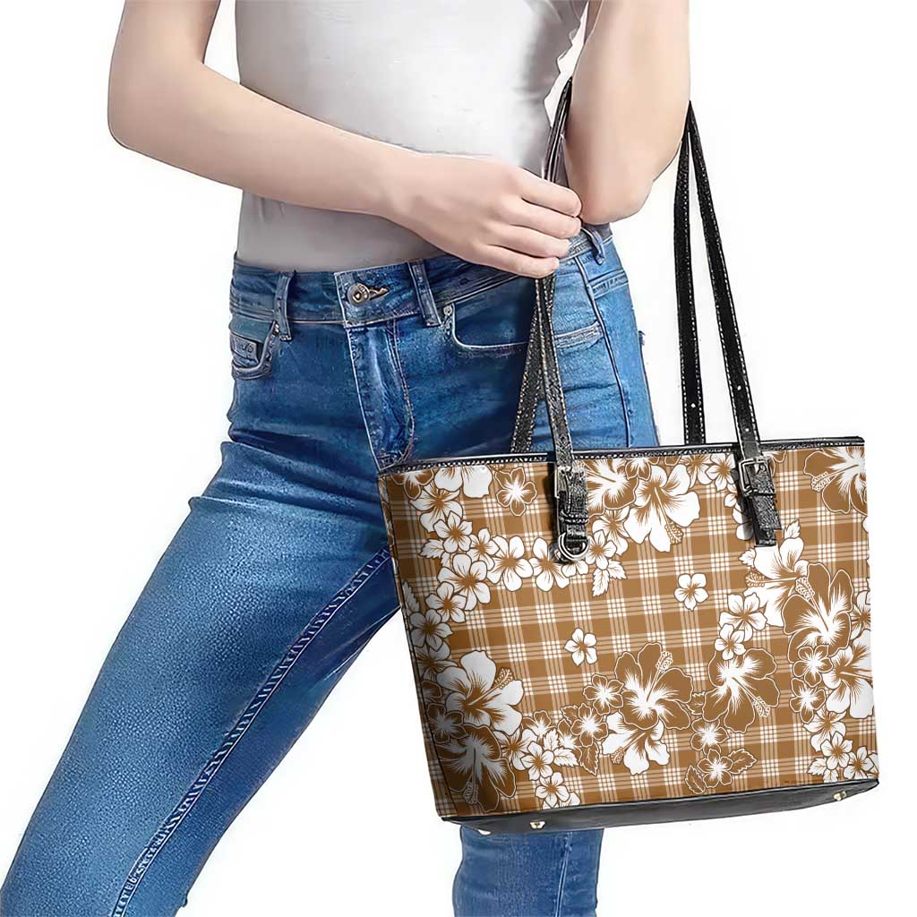 Hibiscus Pakala Bronze Brown Leather Tote Bag Tropical Floral Stylized - Polynesian Pride