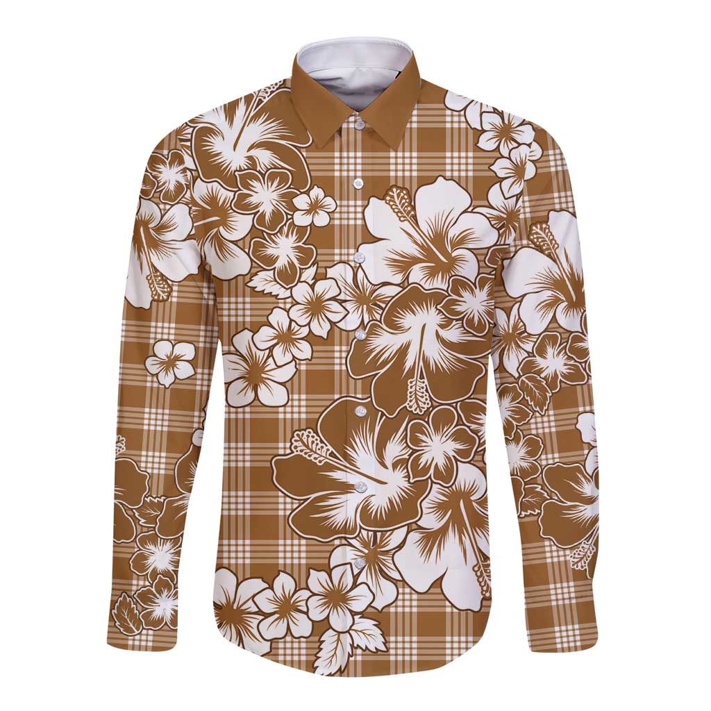 Hibiscus Pakala Bronze Brown Long Sleeve Button Shirt Tropical Floral Stylized - Polynesian Pride