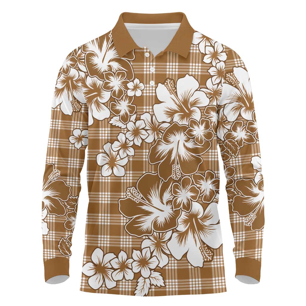 Hibiscus Pakala Bronze Brown Long Sleeve Polo Shirt Tropical Floral Stylized - Polynesian Pride