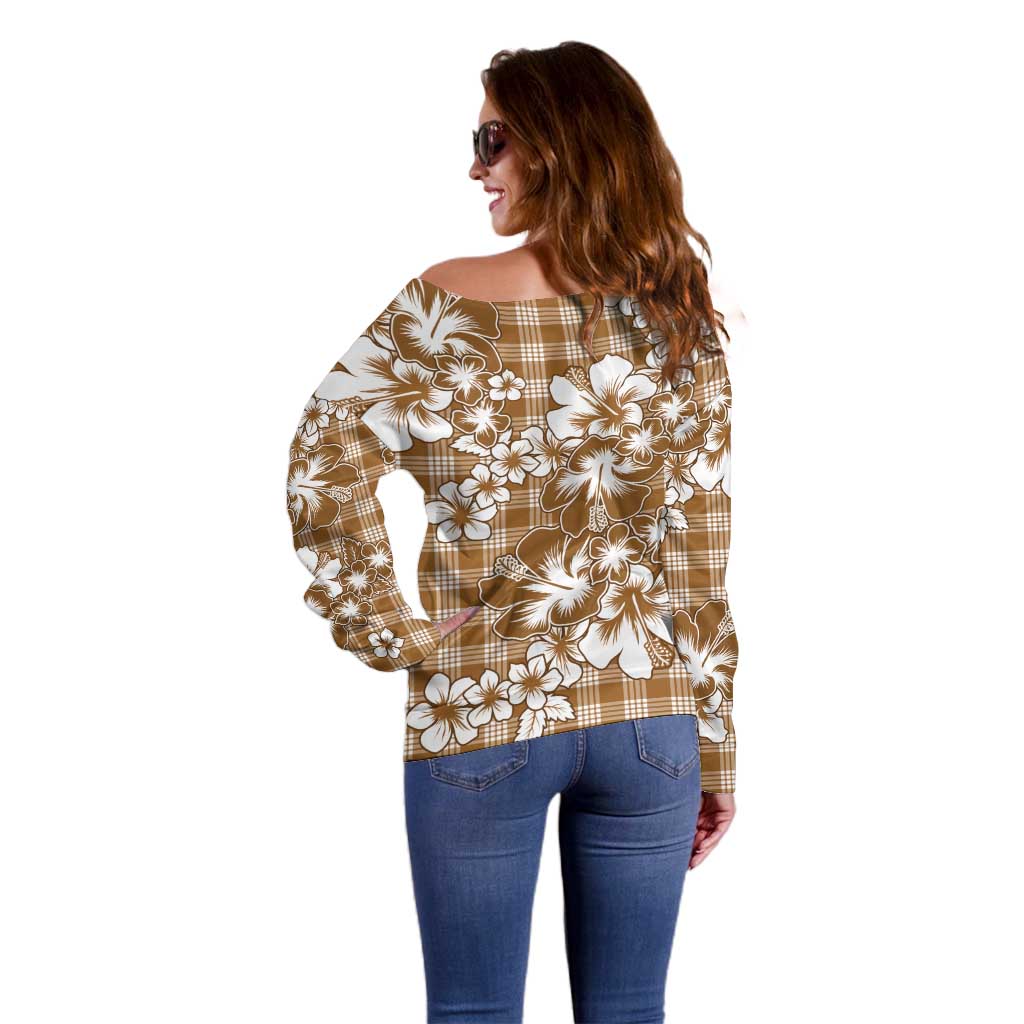 Hibiscus Pakala Bronze Brown Off Shoulder Sweater Tropical Floral Stylized - Polynesian Pride