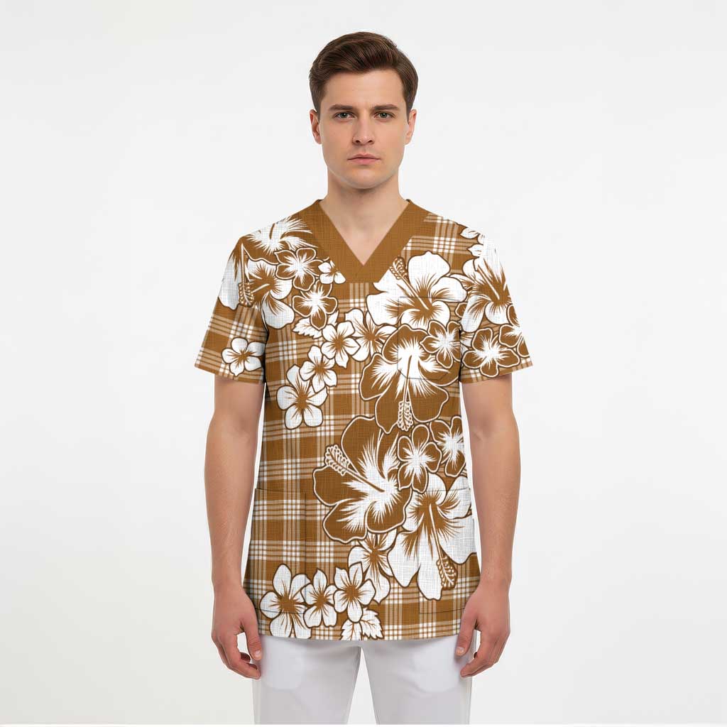 Hibiscus Pakala Bronze Brown Scrub Top Tropical Floral Stylized - Polynesian Pride