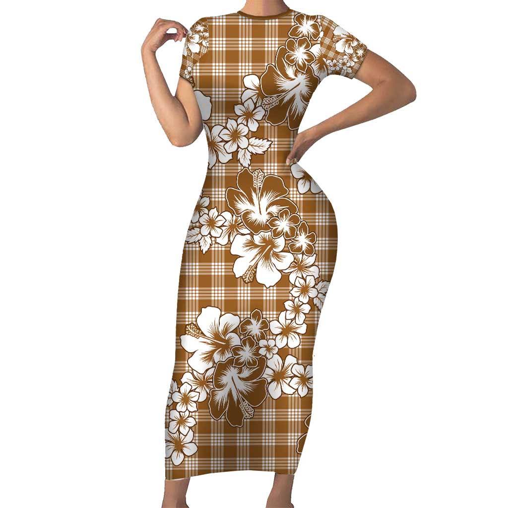 Hibiscus Pakala Bronze Brown Short Sleeve Bodycon Dress Tropical Floral Stylized - Polynesian Pride