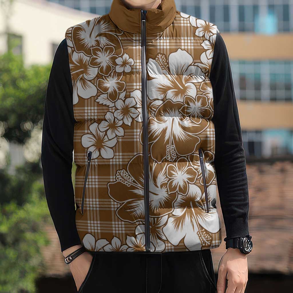 Hibiscus Pakala Bronze Brown Sleeveless Puffer Jacket Tropical Floral Stylized - Polynesian Pride