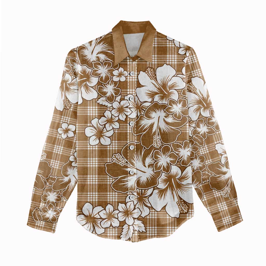 Hibiscus Pakala Bronze Brown Women Casual Shirt Tropical Floral Stylized - Polynesian Pride