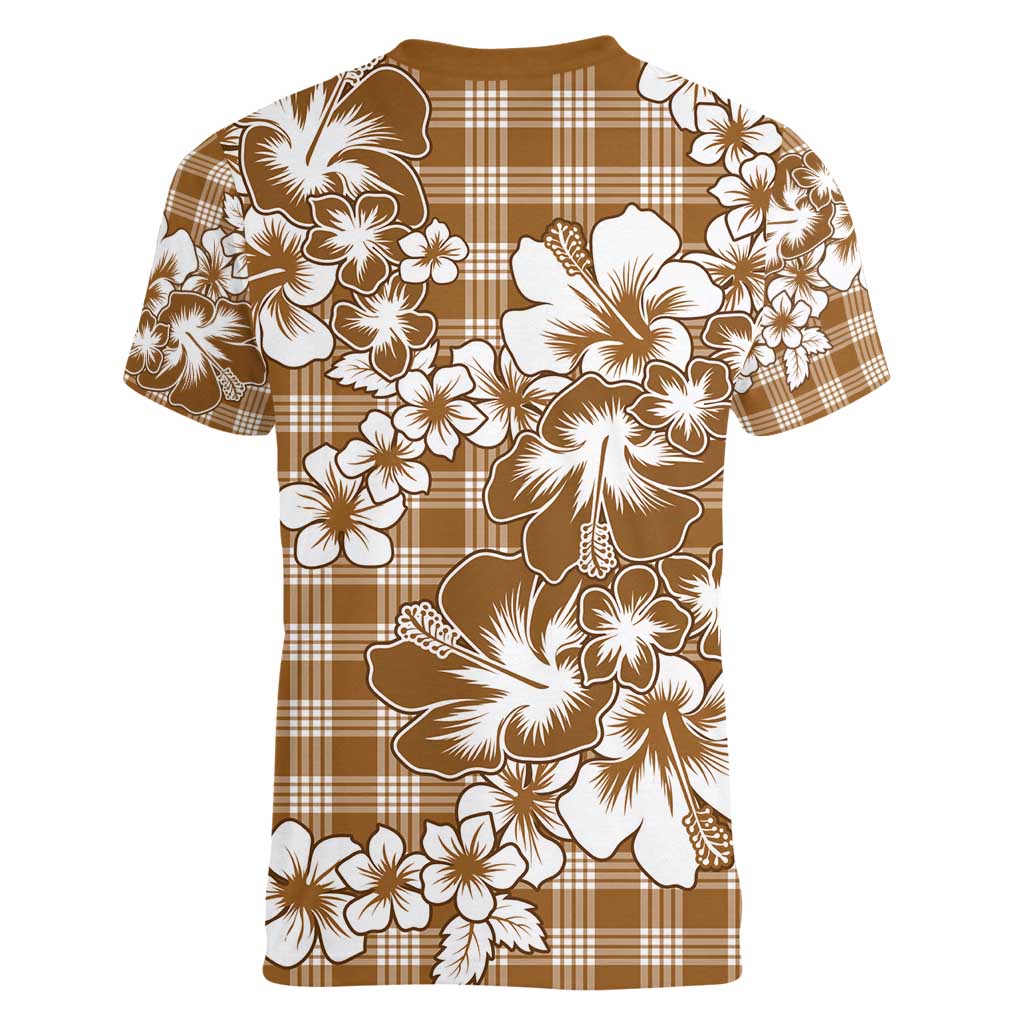 Hibiscus Pakala Bronze Brown Women V-Neck T-Shirt Tropical Floral Stylized - Polynesian Pride