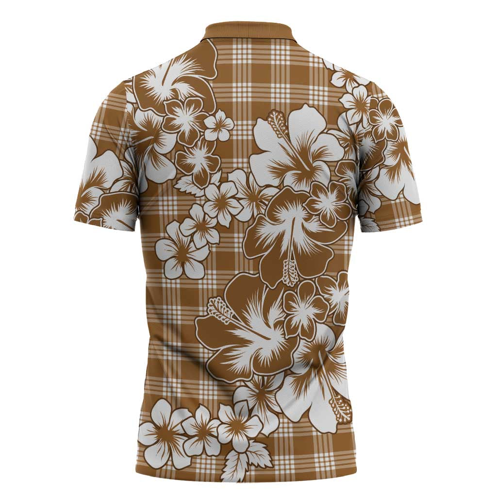 Hibiscus Pakala Bronze Brown Zipper Polo Shirt Tropical Floral Stylized - Polynesian Pride