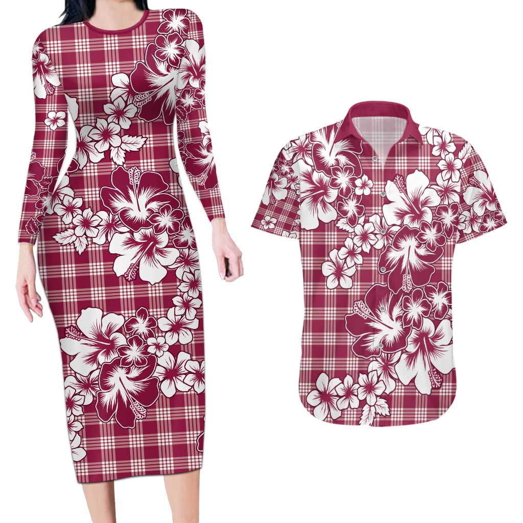 Hibiscus Pakala Royal Magenta Couples Matching Long Sleeve Bodycon Dress and Hawaiian Shirt Tropical Floral Stylized - Polynesian Pride