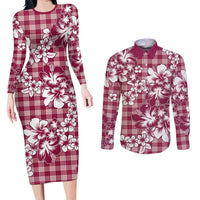 Hibiscus Pakala Royal Magenta Couples Matching Long Sleeve Bodycon Dress and Long Sleeve Button Shirt Tropical Floral Stylized - Polynesian Pride