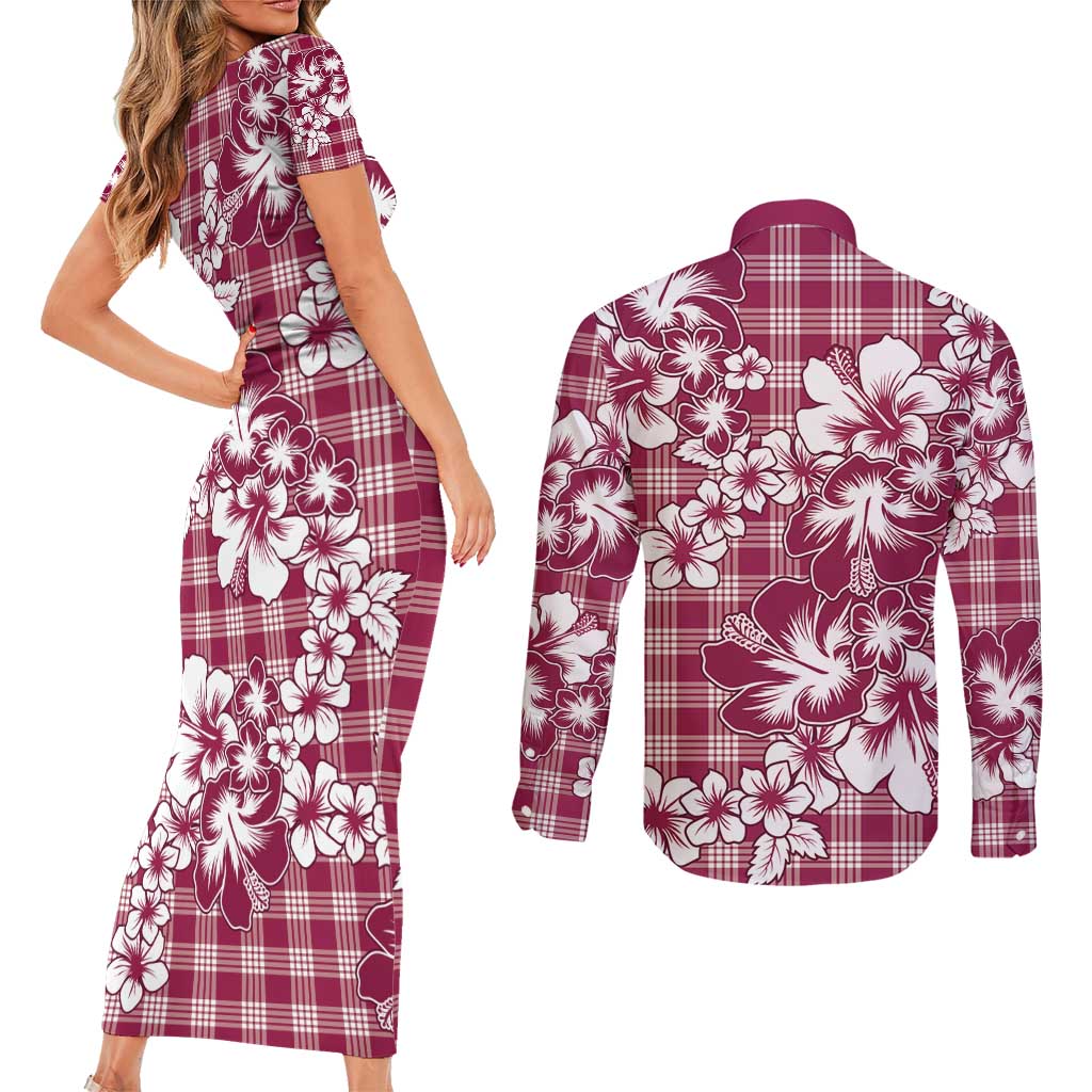 Hibiscus Pakala Royal Magenta Couples Matching Short Sleeve Bodycon Dress and Long Sleeve Button Shirt Tropical Floral Stylized - Polynesian Pride