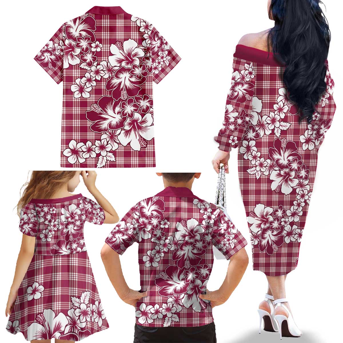 Hibiscus Pakala Royal Magenta Family Matching Off The Shoulder Long Sleeve Dress and Hawaiian Shirt Tropical Floral Stylized - Polynesian Pride
