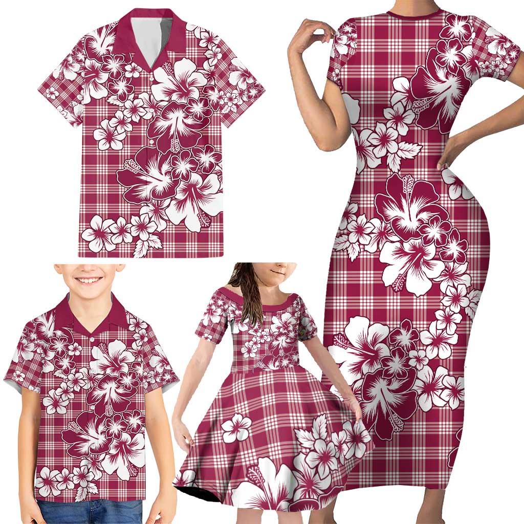 Hibiscus Pakala Royal Magenta Family Matching Short Sleeve Bodycon Dress and Hawaiian Shirt Tropical Floral Stylized - Polynesian Pride