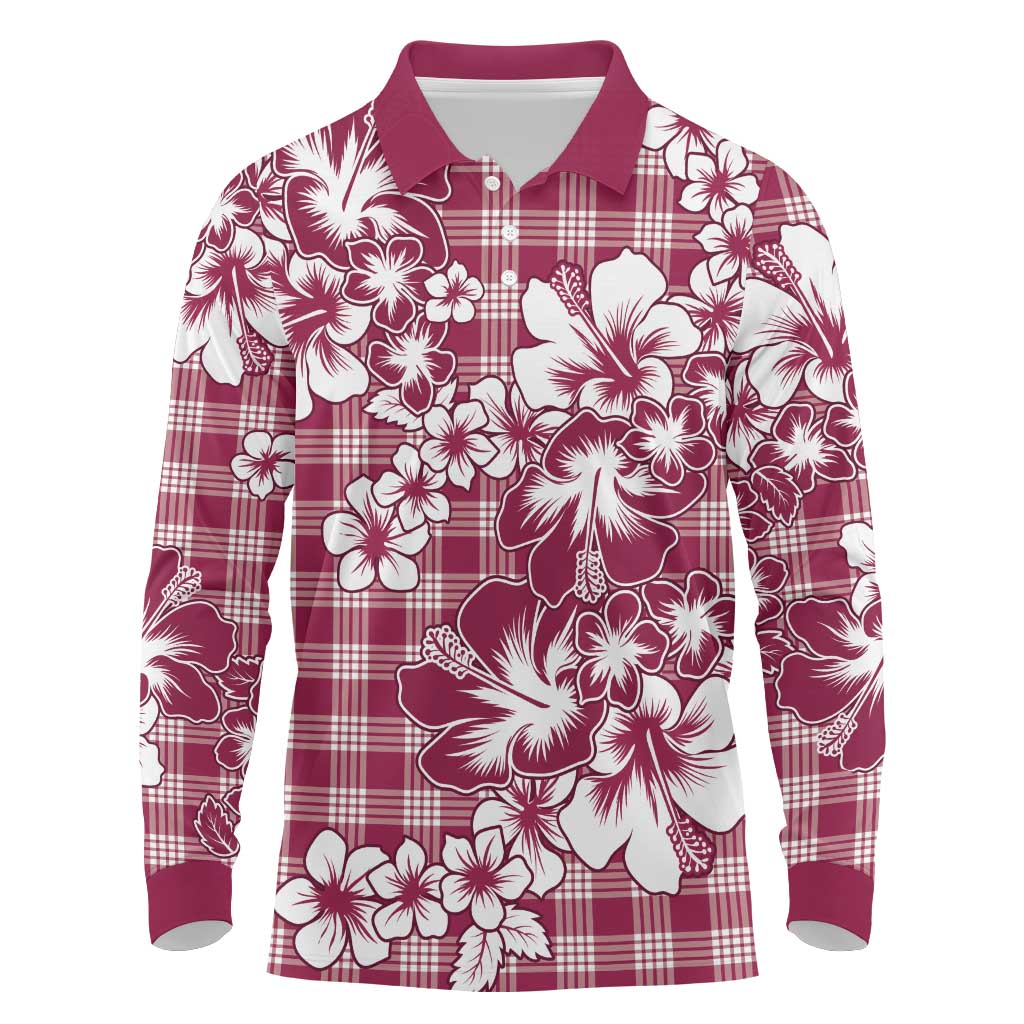 Hibiscus Pakala Royal Magenta Long Sleeve Polo Shirt Tropical Floral Stylized - Polynesian Pride