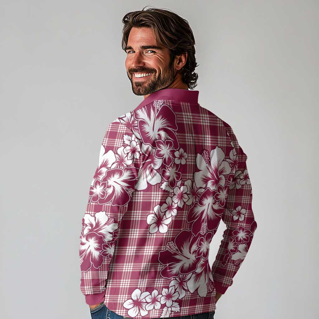 Hibiscus Pakala Royal Magenta Long Sleeve Polo Shirt Tropical Floral Stylized - Polynesian Pride