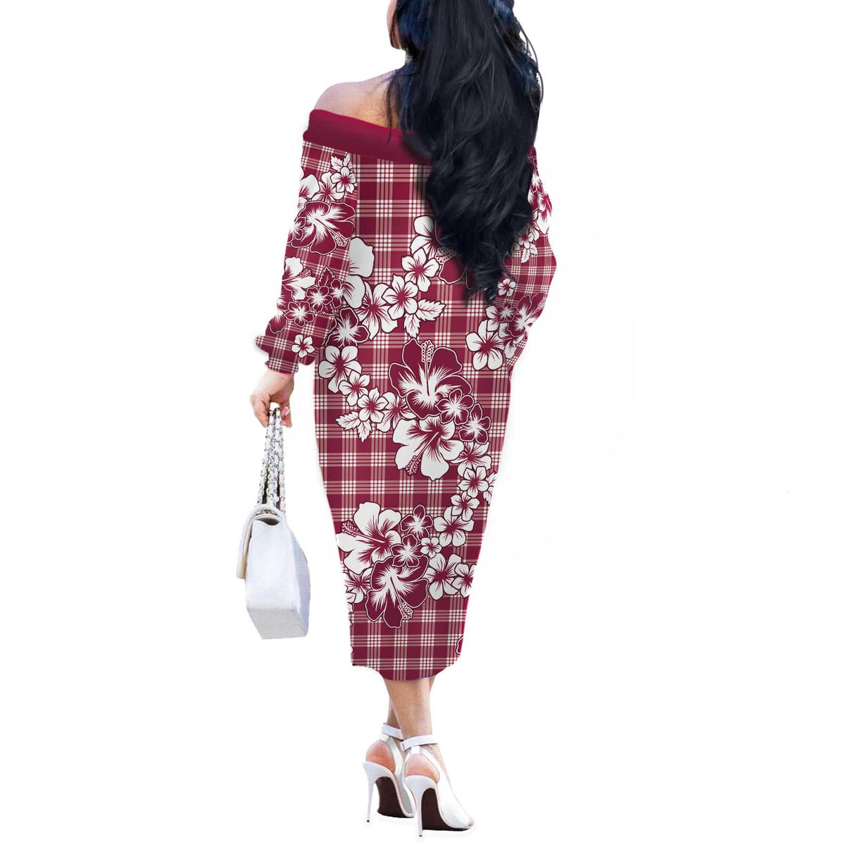 Hibiscus Pakala Royal Magenta Off The Shoulder Long Sleeve Dress Tropical Floral Stylized - Polynesian Pride