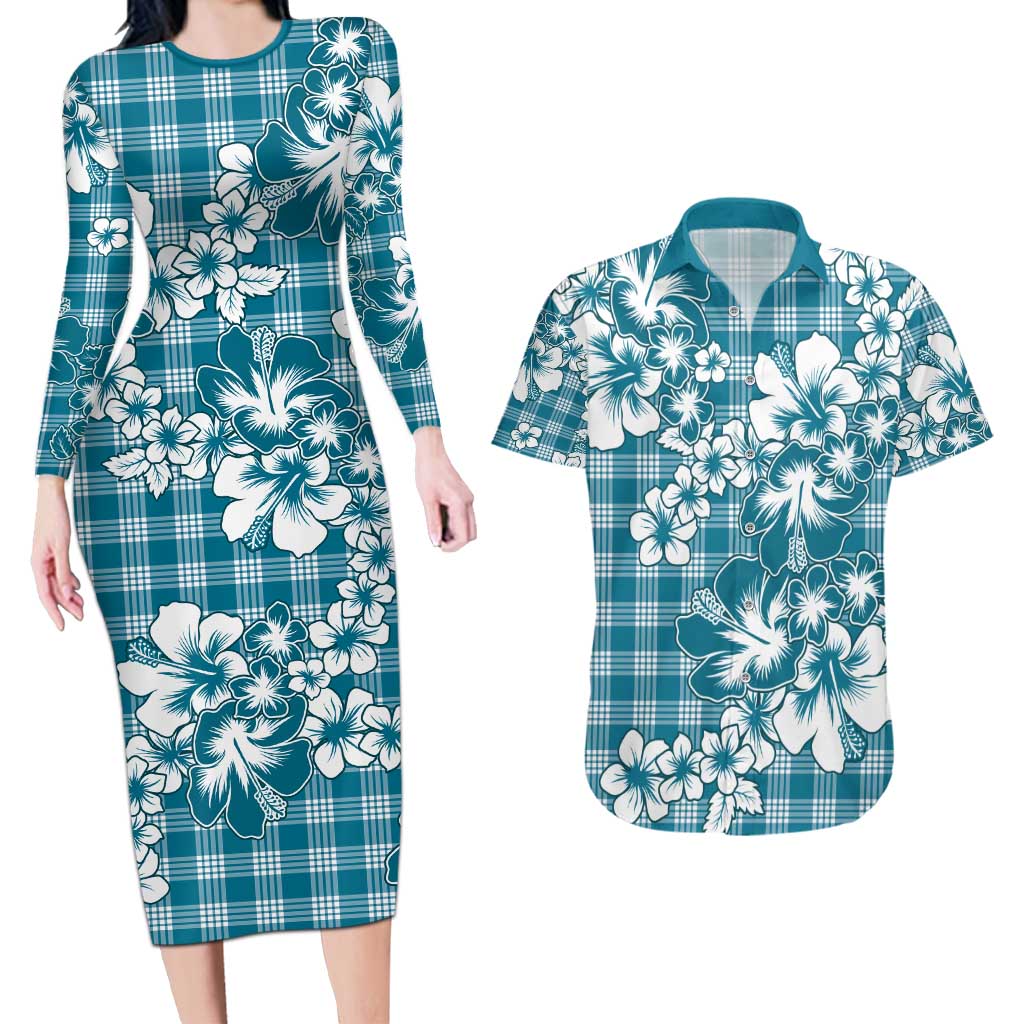 Hibiscus Pakala Ocean Depths Blue Couples Matching Long Sleeve Bodycon Dress and Hawaiian Shirt Tropical Floral Stylized - Polynesian Pride