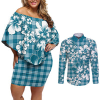 Hibiscus Pakala Ocean Depths Blue Couples Matching Off Shoulder Short Dress and Long Sleeve Button Shirt Tropical Floral Stylized - Polynesian Pride