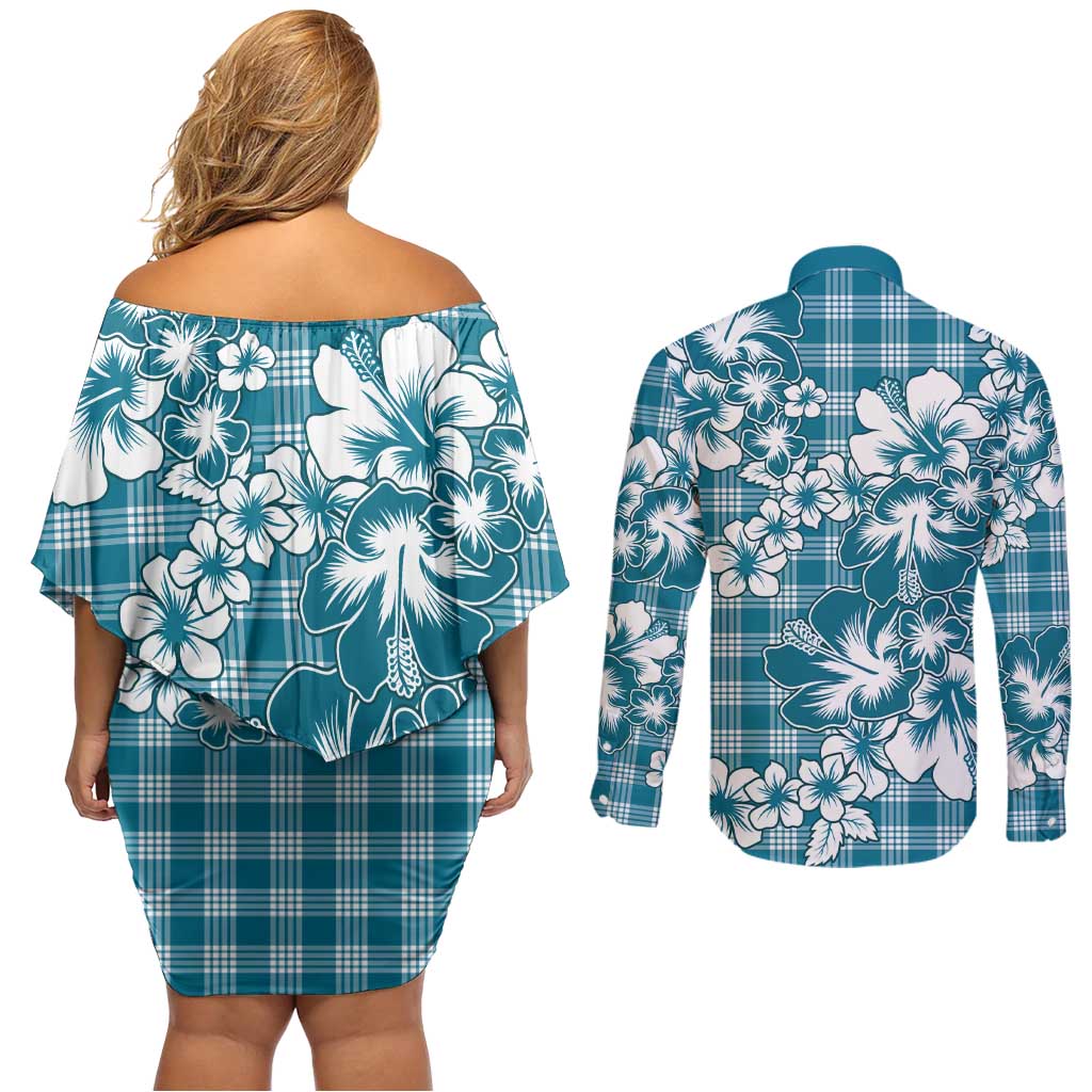 Hibiscus Pakala Ocean Depths Blue Couples Matching Off Shoulder Short Dress and Long Sleeve Button Shirt Tropical Floral Stylized - Polynesian Pride
