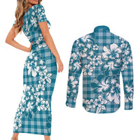 Hibiscus Pakala Ocean Depths Blue Couples Matching Short Sleeve Bodycon Dress and Long Sleeve Button Shirt Tropical Floral Stylized - Polynesian Pride