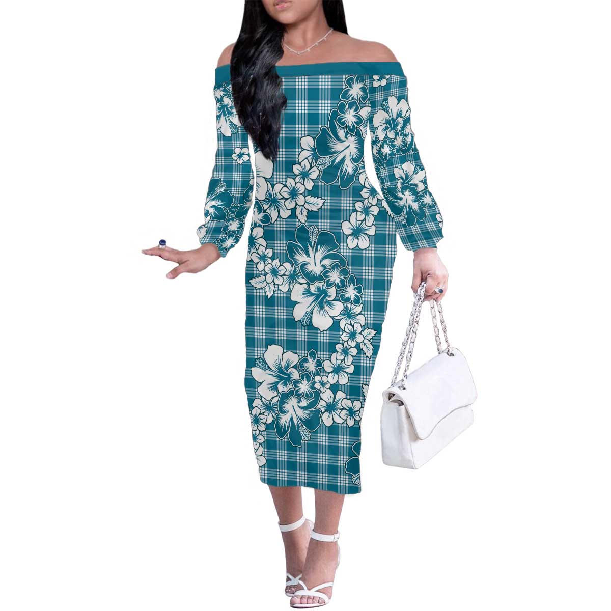 Hibiscus Pakala Ocean Depths Blue Family Matching Off The Shoulder Long Sleeve Dress and Hawaiian Shirt Tropical Floral Stylized - Polynesian Pride