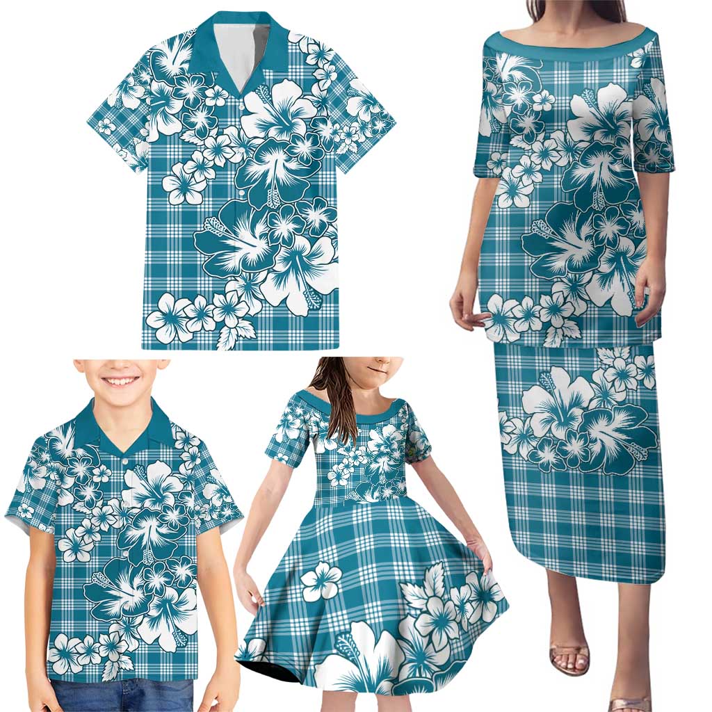 Hibiscus Pakala Ocean Depths Blue Family Matching Puletasi and Hawaiian Shirt Tropical Floral Stylized - Polynesian Pride