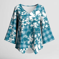 Hibiscus Pakala Ocean Depths Blue Kimono Sleeve Blouse Tropical Floral Stylized - Polynesian Pride