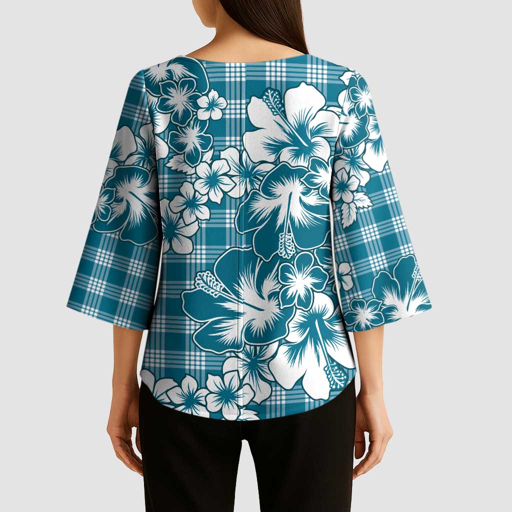 Hibiscus Pakala Ocean Depths Blue Kimono Sleeve Blouse Tropical Floral Stylized - Polynesian Pride