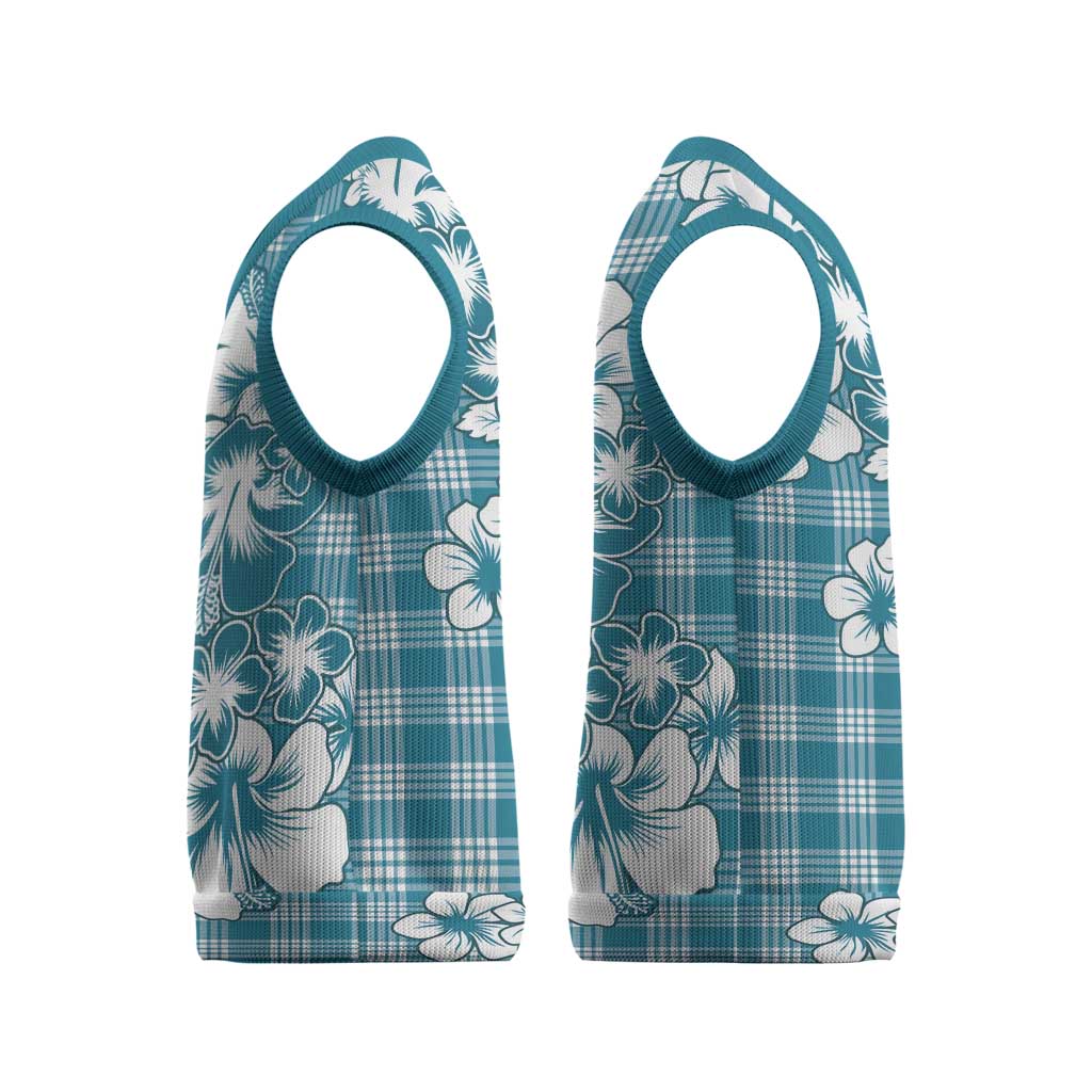 Hibiscus Pakala Ocean Depths Blue Christmas Knitted V-Neck Vest Tropical Floral Stylized LT01 - Polynesian Pride