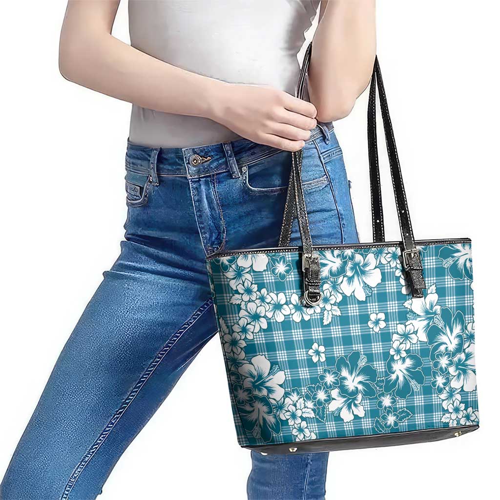 Hibiscus Pakala Ocean Depths Blue Leather Tote Bag Tropical Floral Stylized - Polynesian Pride