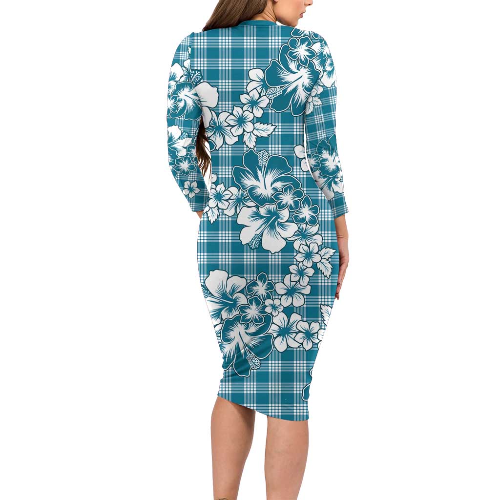 Hibiscus Pakala Ocean Depths Blue Long Sleeve Bodycon Dress Tropical Floral Stylized - Polynesian Pride