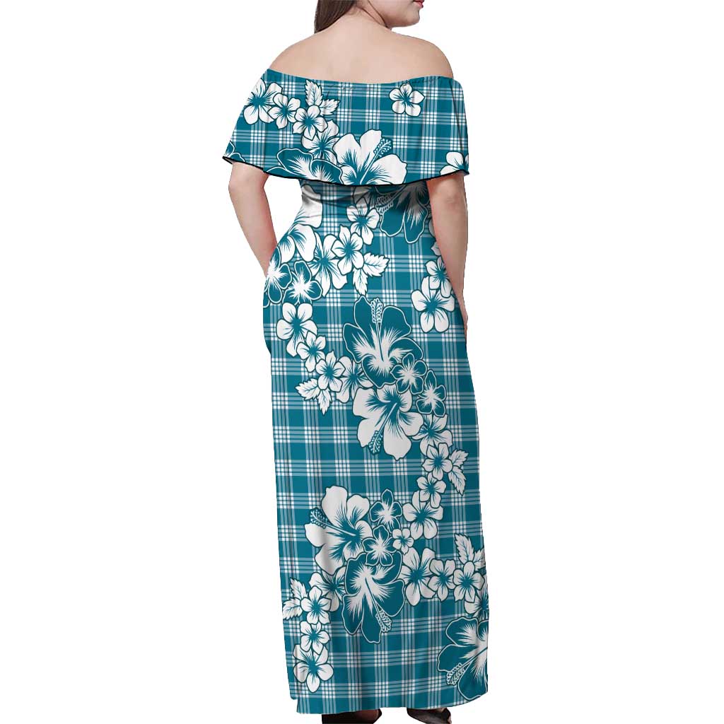 Hibiscus Pakala Ocean Depths Blue Off Shoulder Maxi Dress Tropical Floral Stylized - Polynesian Pride