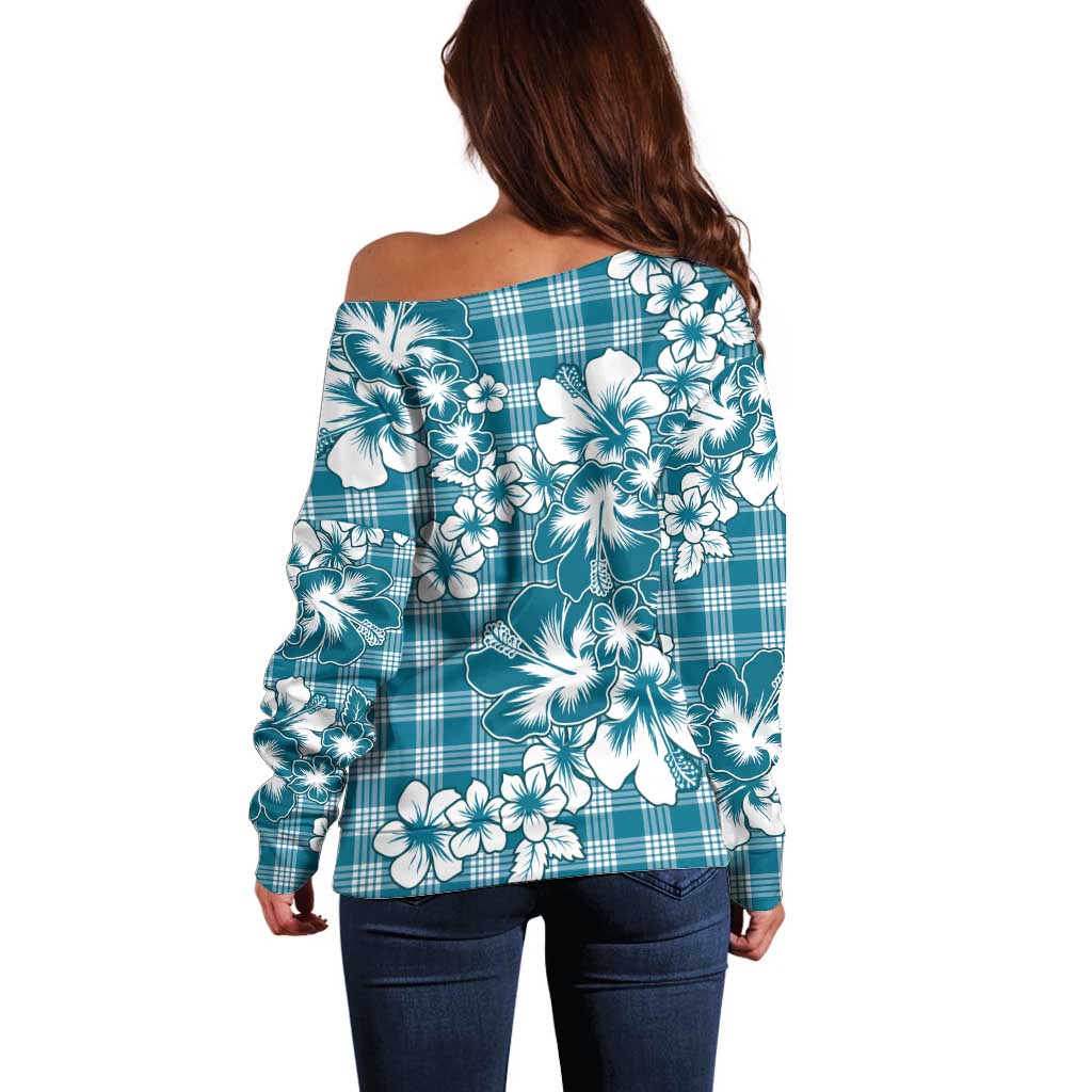 Hibiscus Pakala Ocean Depths Blue Off Shoulder Sweater Tropical Floral Stylized - Polynesian Pride