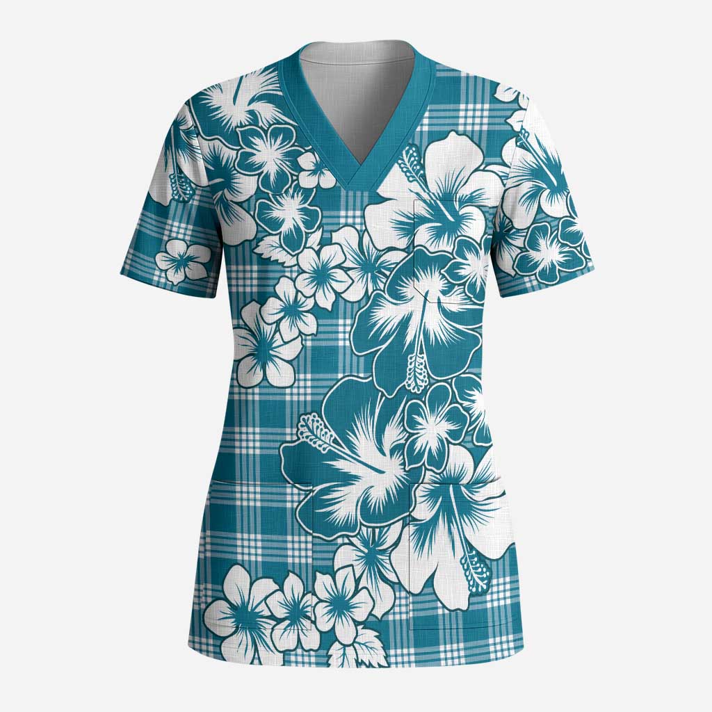 Hibiscus Pakala Ocean Depths Blue Scrub Top Tropical Floral Stylized - Polynesian Pride