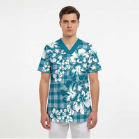 Hibiscus Pakala Ocean Depths Blue Scrub Top Tropical Floral Stylized - Polynesian Pride