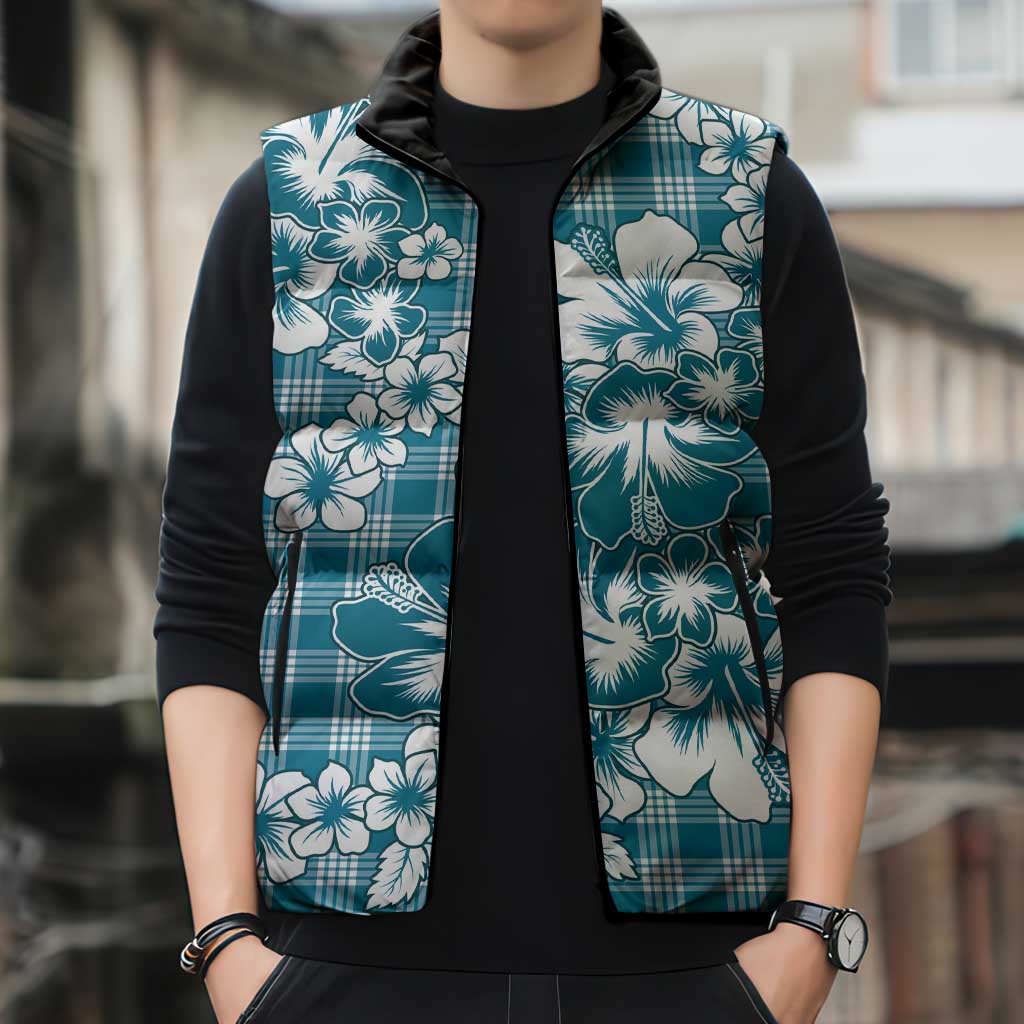 Hibiscus Pakala Ocean Depths Blue Sleeveless Puffer Jacket Tropical Floral Stylized - Polynesian Pride