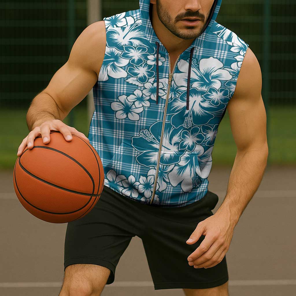 Hibiscus Pakala Ocean Depths Blue Sleeveless Zip Hoodie Tropical Floral Stylized - Polynesian Pride