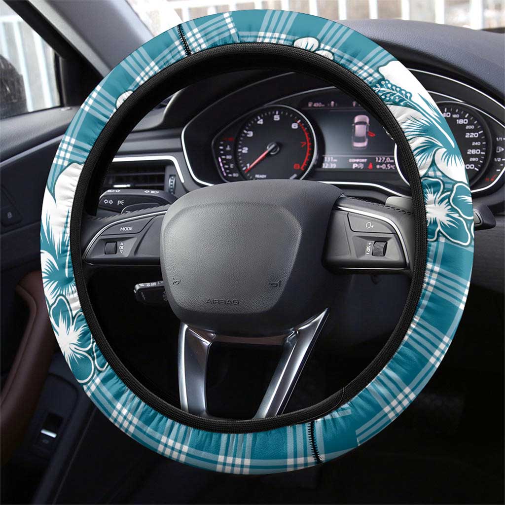 Hibiscus Pakala Ocean Depths Blue Steering Wheel Cover Tropical Floral Stylized - Polynesian Pride